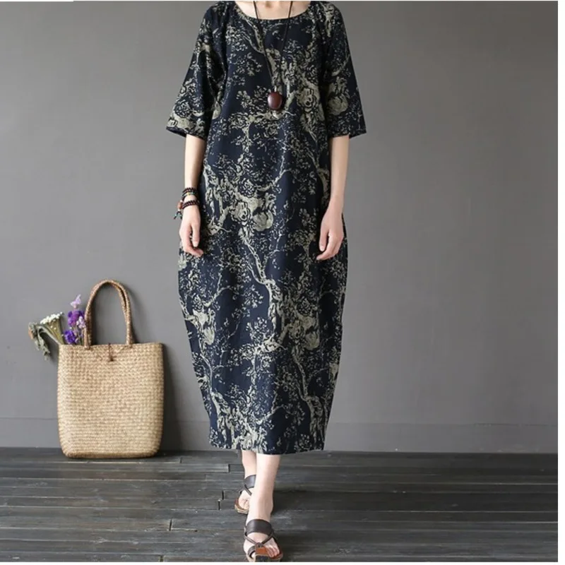 Женское платье из хлопка и льна свободное Повседневное в этническом стиле