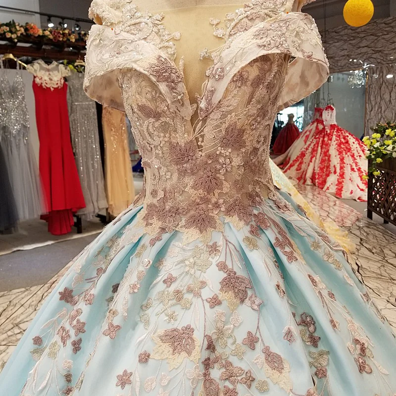 LS09778 light blue a-line cheap satin evening dress short sleeve sexy v-back with train for elegant girls fast shipping | Свадьбы и