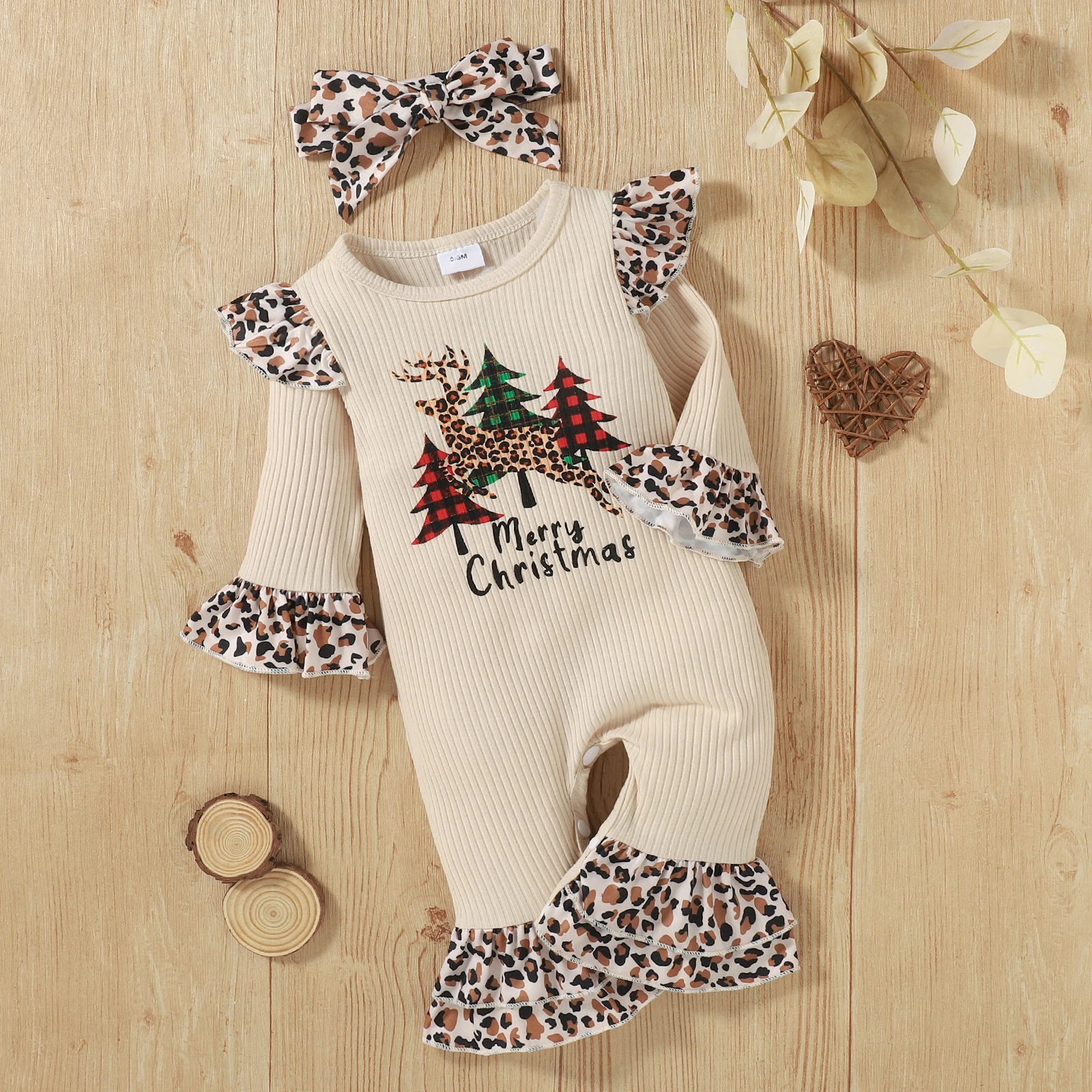 

2Pcs Baby Clothing Splicing Print Long Sleeves Jumpsuit Leopard Ruffle Rompers Bowknot Headdress Girls Christmas Spring Autumn