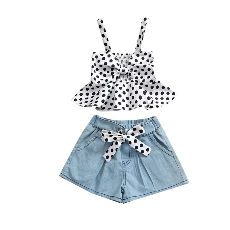

2 шт., летние топы и джинсовые шорты в горошек