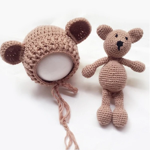 Baby Bear Bonnet Photography Props Knitted Teddy Hat Crochet Newborn Flower Girl Photo Prop Cotton | Детская одежда и обувь
