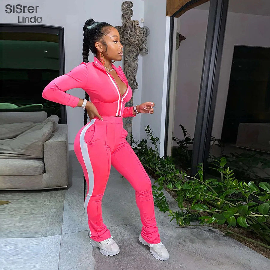 

Sisterlinda Women Sporty Patchwork 2 Two Piece Sets Autumn Long Sleeve Workout Active Wear Outfits Zipper Tops Flare Pants Suits