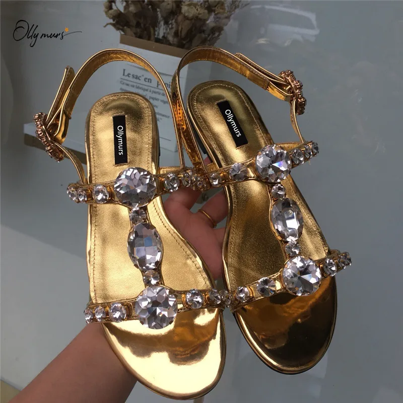 

OllyMurs Fashion Genuine Leather Women Summer Sandals Open Toe Crystal Buckle Strap Women Flat Sandals Casual Beach Shoes Woman