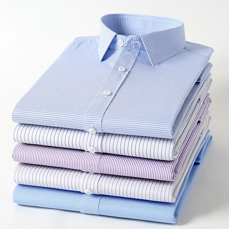 40% cotone 60% poliestere camicia a quadri a righe blu Casual Business camicia a maniche lunghe per uomo Streetwear camicia Slim Fit uomo