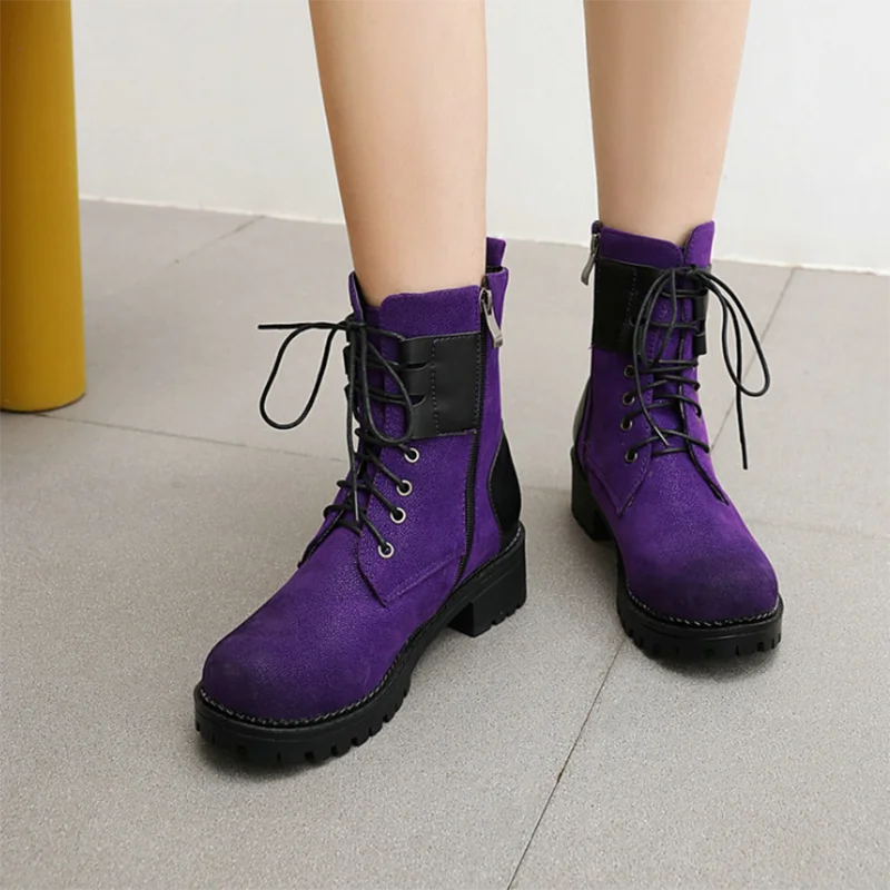 

New Style Plus Size 34-43 Shoes Women Chunky Med Heels Military Boots 2020 Autumn Green Purple Lace Up Knight Motorcycle Boots
