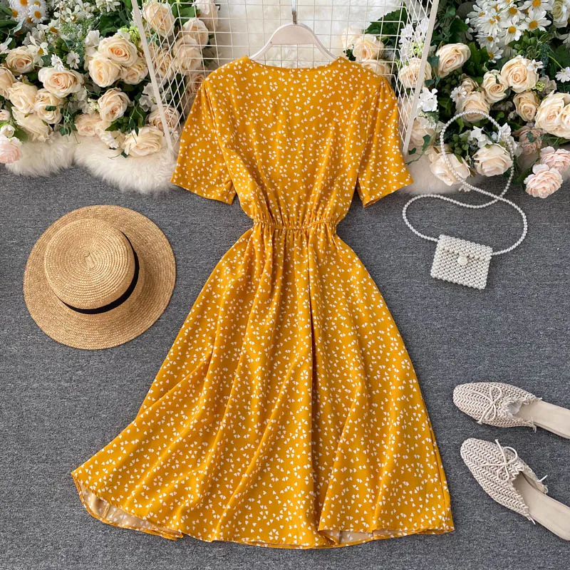Летнее платье для женщин 2020 новый стиль милое с принтом сердца винтажное