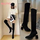 Женские сапоги выше колена, новинка зимы 2021, пикантные сапоги на среднем толстом каблуке, тонкая обувь, красные сапоги в сеточку на высоком каблуке