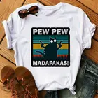 Летняя женская черная футболка с котом Pew Madafakas, забавная Женская Ретро футболка в виде кота с пистолетом и мемом, Подарочные топы с юмором