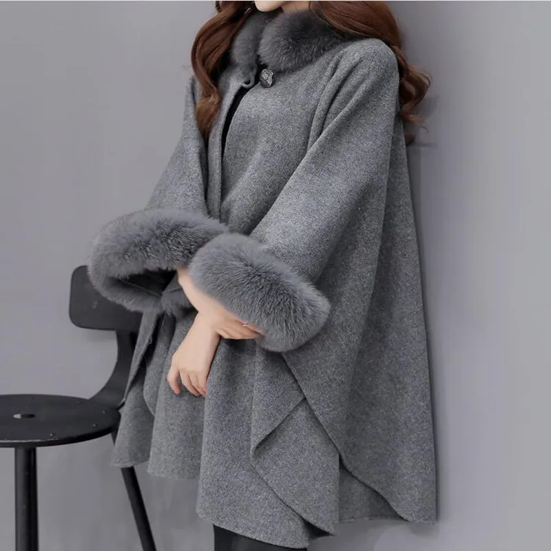 

Spring Fashion Poncho Outwear Fox Fur Collar Long Section Wool coat, Coat Elegant Cloak Shawl Jacket Female Christmas Gift