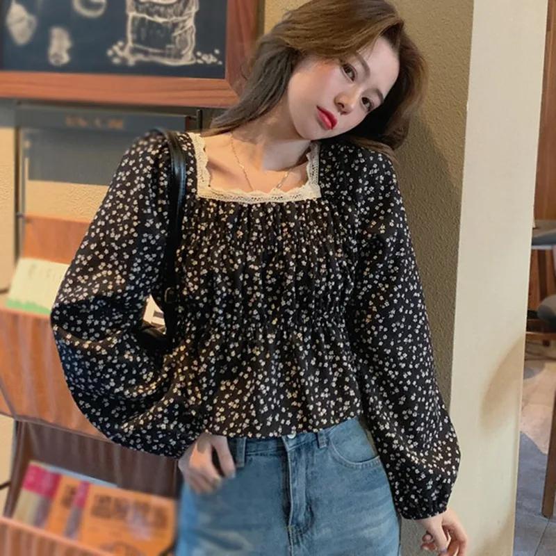 

Women's Floral Print Square Collar Shirts Summer Lace Sexy Sweet Long Sleeves Chiffon Blouse 2021"