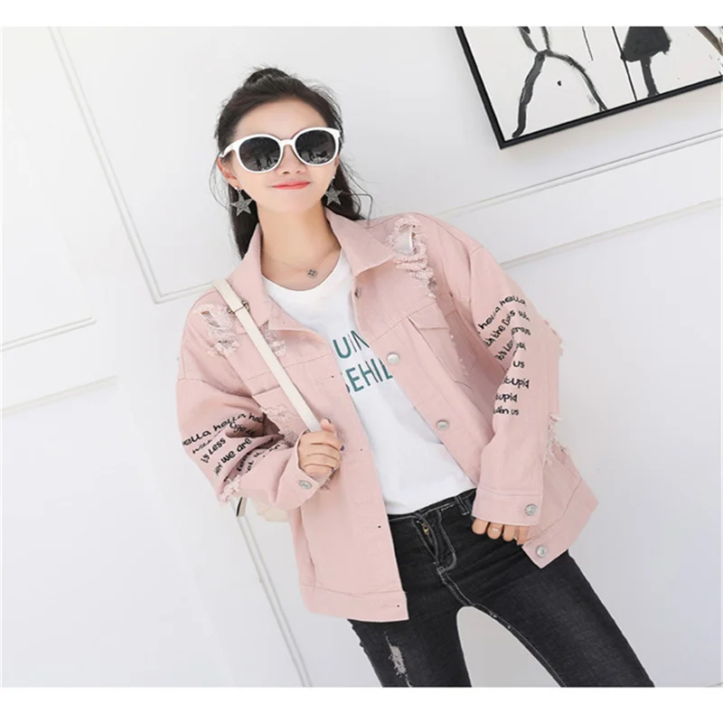 

2021 New Spring Autumn Candy color Women Denim Coat Embroidery Letter jacket Jeans Jackets Casual Loose Holes Denim Coat Mujer