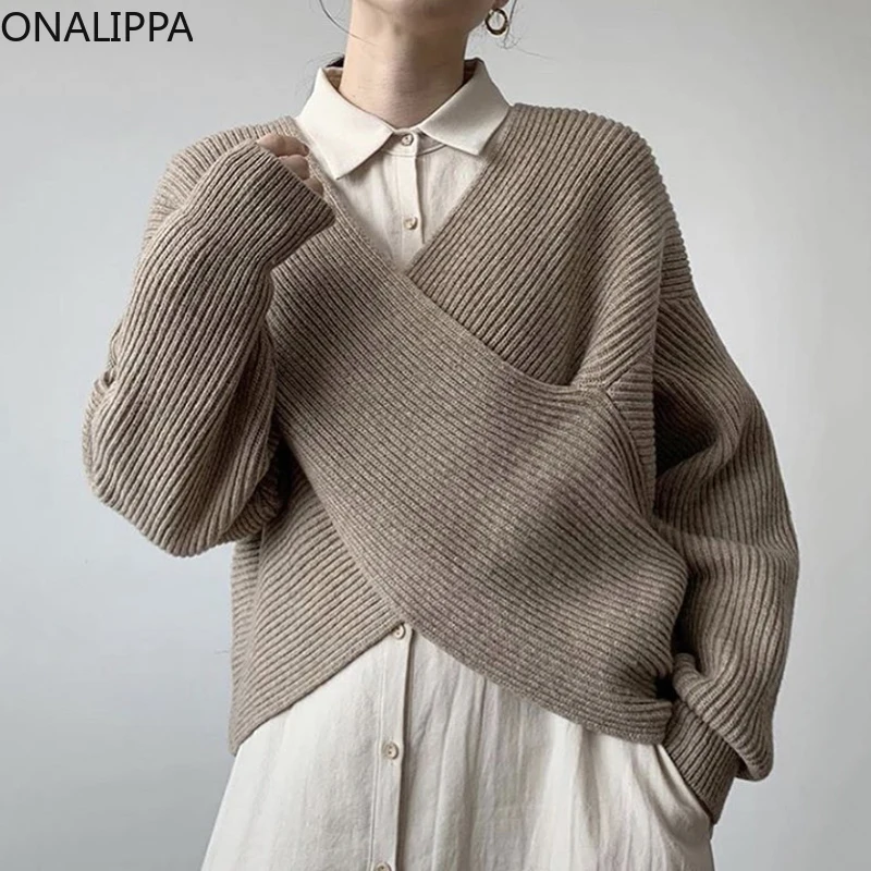 

ONALIPPA Women Sweater 2021 Autumn Korean Simple Thin V-neck Crossover Design Loose Casual Solid Color Short Knitted Pullover