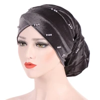 helisopus new solid muslim pearl beaded turban head scarf women wrap velvet stretch baggy hat hair loss caps hair accessories