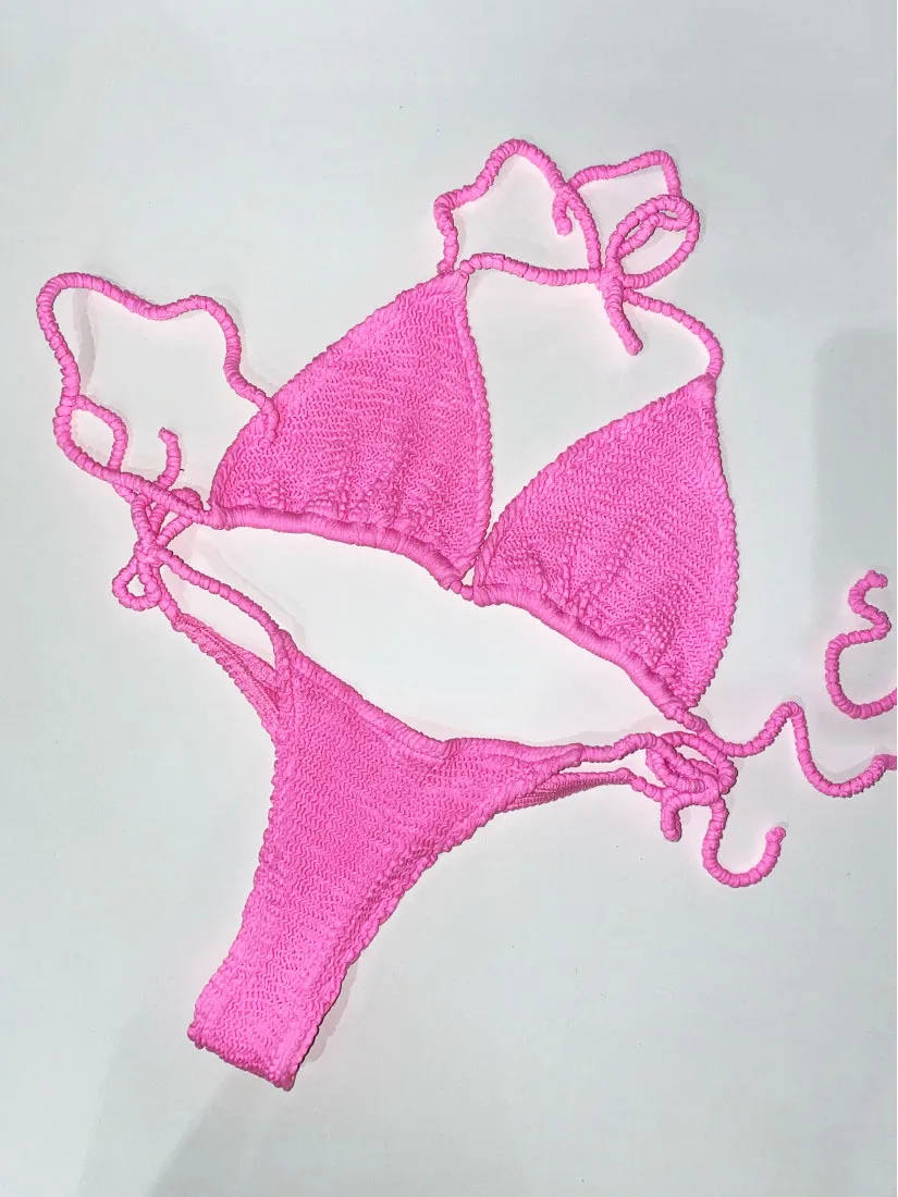

Neon Knit String Thong Bikini Solid Brazilian Twopiece Swimsuit Women Micro Mini Bathing Suit