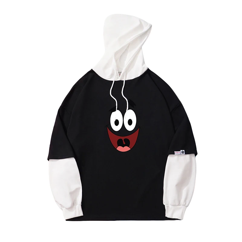 

Harajuku Hoodies Sweatshirts Women Autumn Spring New Fake Two Pieces Stitching Tops Loose Casual Kawaii Cartoon Printed Clothing