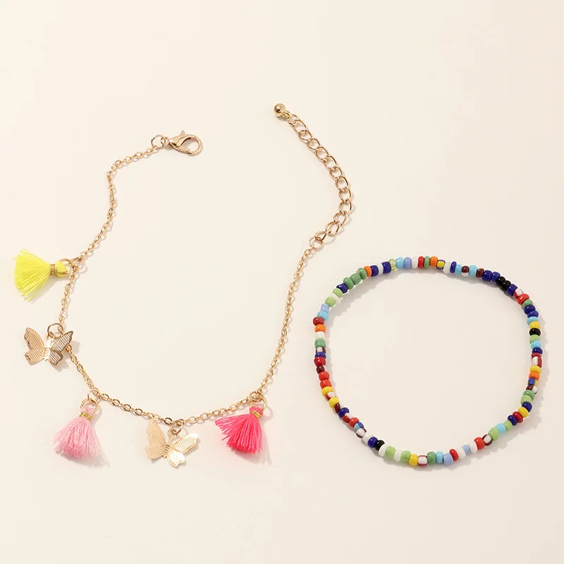 

2021 Bohemian Sandals Beach Mixed Color Rice Beads Personality Tassel Butterfly Ladies Anklets Bracelet Jewelry Gift Accessories
