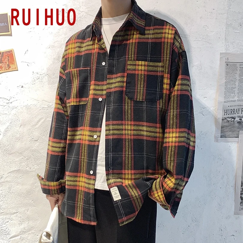 RUIHUO черные мужские рубашки клетчатые для мужчин одежда клетчатая рубашка блузка