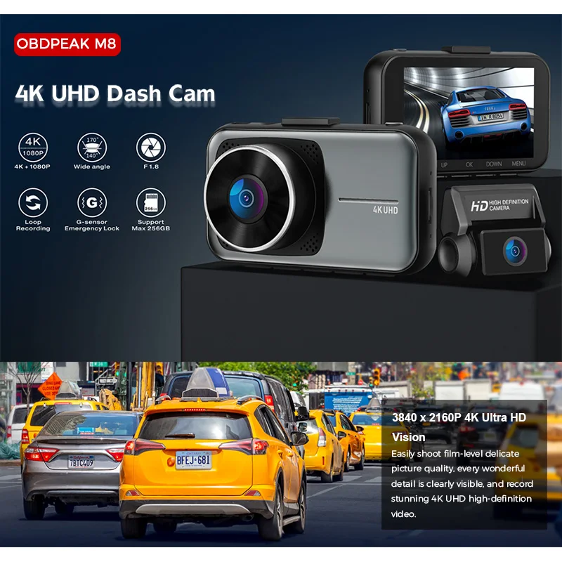 Автомобильный видеорегистратор M8 4K 3840*2160P с камерой 3 дюйма Sony 415G-Sensor WDR функцией