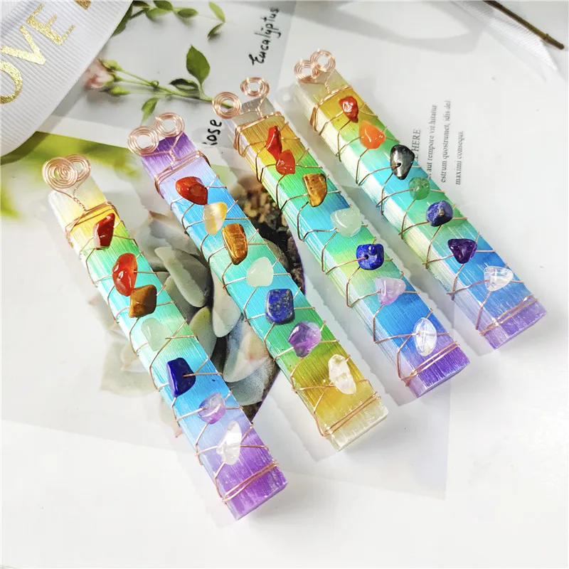 

1pcsNatural 7 Chakras Beads Wire Wrapped Aura Selenite Sticks Crystals Healing Stones