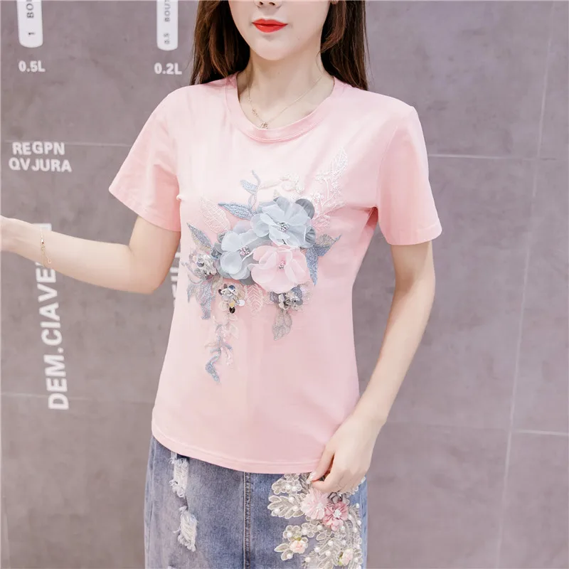 Тяжелая промышленная Футболка с блестками и 3D цветочной вышивкой женская летняя