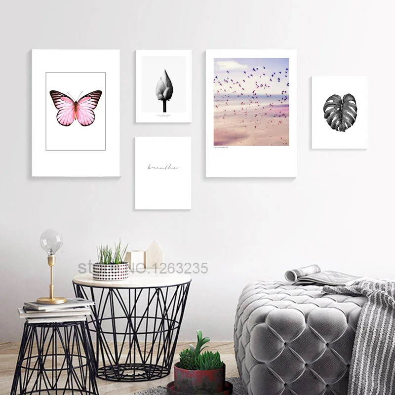 Натуральный пейзаж постер с растениями бабочками Картина на холсте настенные