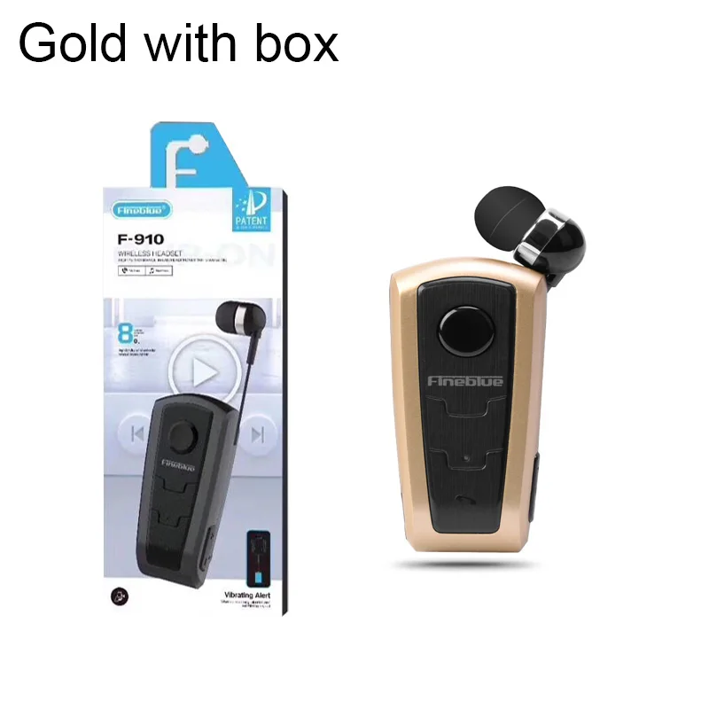 Gold with box Настоящие Fineblue F910 Беспроводная bluetooth-гарнитура в ухо Вибрационный оповещение о ношении клип наушник Hands-Free для смартфонов - Цвет: Gold with box