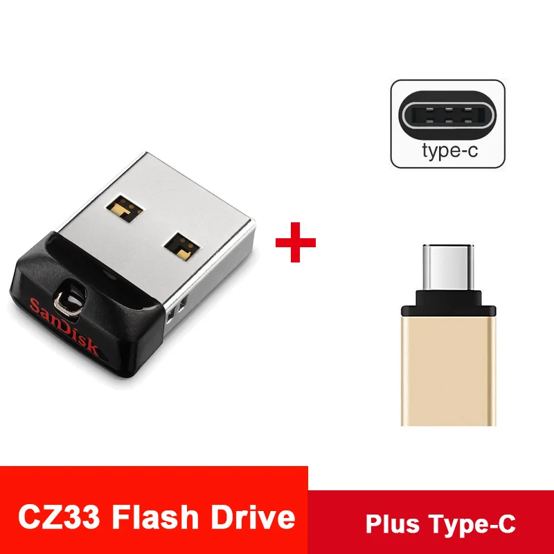 CZ33 Plus Type C Флеш-накопитель sandisk Cruzer, 16 ГБ, 32 ГБ, 64 ГБ, автомобильный стерео флеш-накопитель, брелок, карта памяти, крошечная, подходит для DJ, музыка, U диск, Cle, USB флешка - Цвет: CZ33 Plus Type C