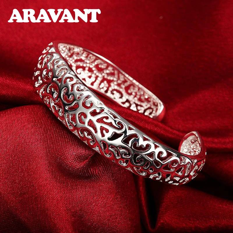 

925 Silver Hollow Open Cuff Bracelet&Bangle For Women Anniversary Jewelry Gifts