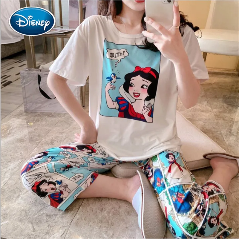 

Женские укороченные брюки с коротким рукавом Disney, лето пижама с Микки Маусом, модный костюм Белоснежки с комическим принтом, для дома, для ст...