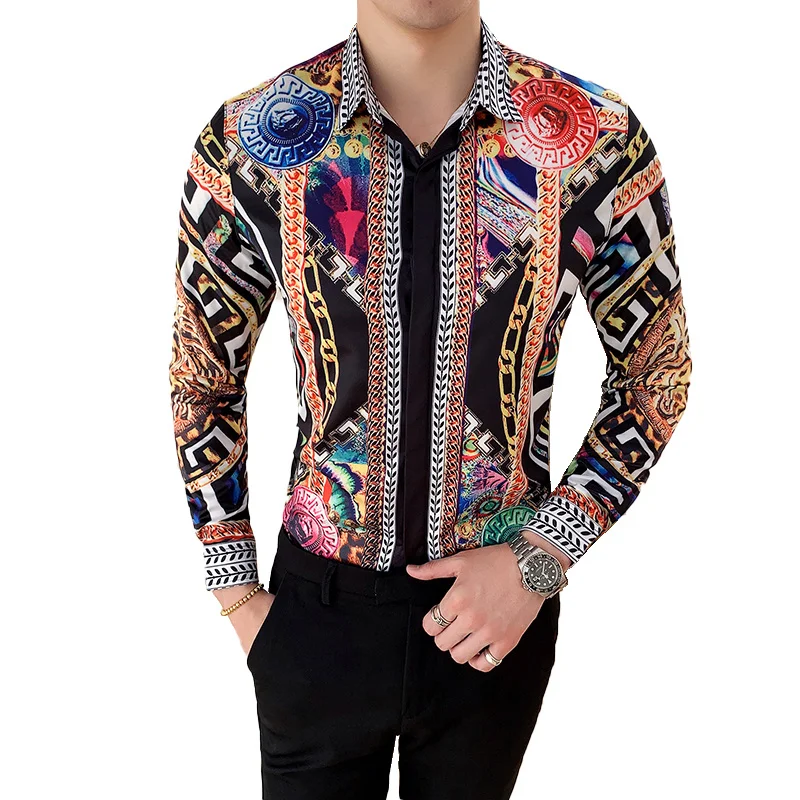 

18 Colors Men's Printed Long Sleeve Shirt New Fashion Printed Hawaii Slim Fit Shirts Casual Party Night Club Shirts Men M-6XL