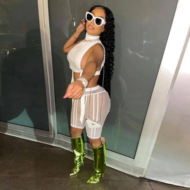 

BIIKPIIK Sexy 2 Piece Sets Solid Elegant Casual Lounge Wear Female Mesh See Through Skinny Sportwear White All-Match Summer Suit