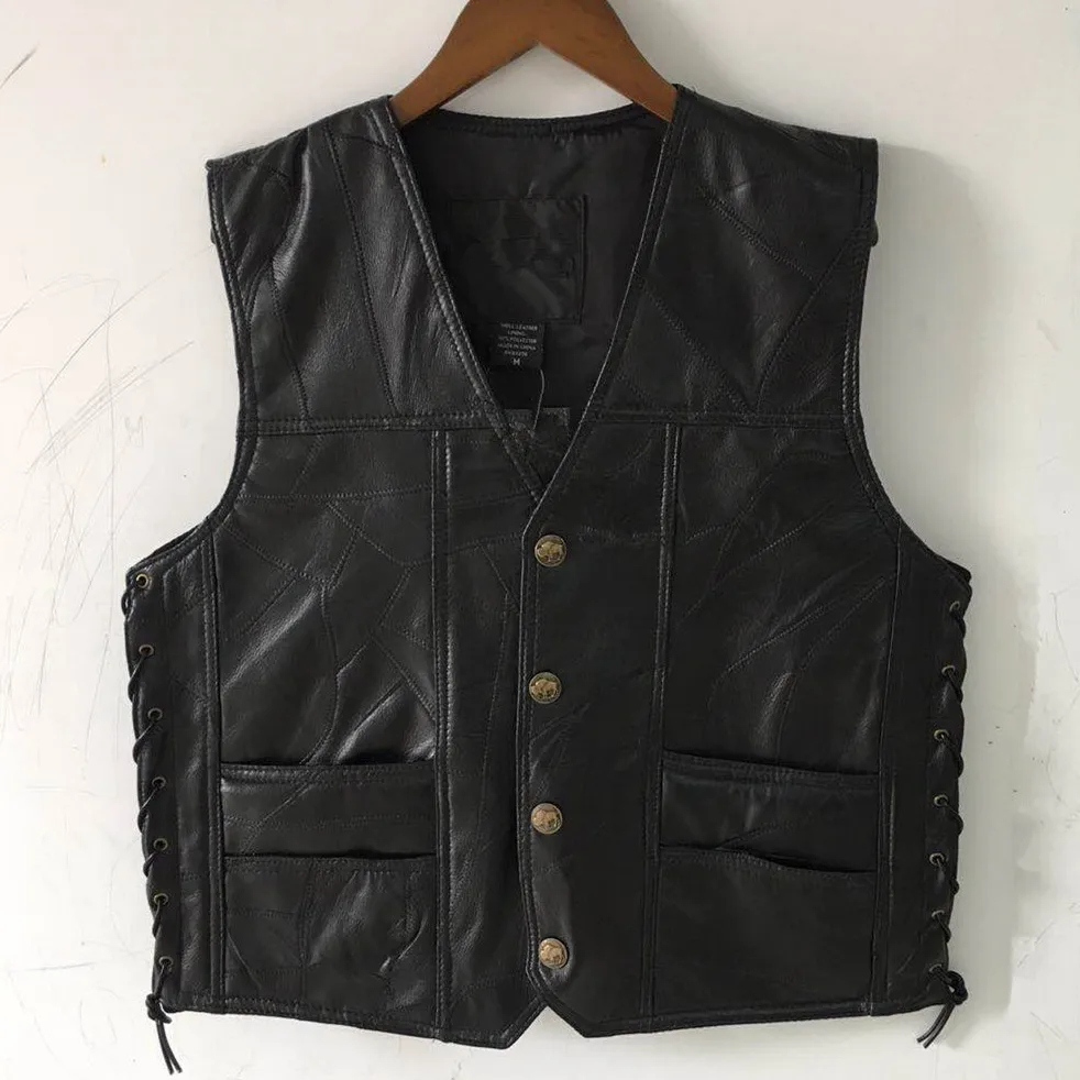 2023  Men's Leather Stitching V-neck Vest Fashion Sheepskin Single-Breasted Vest
