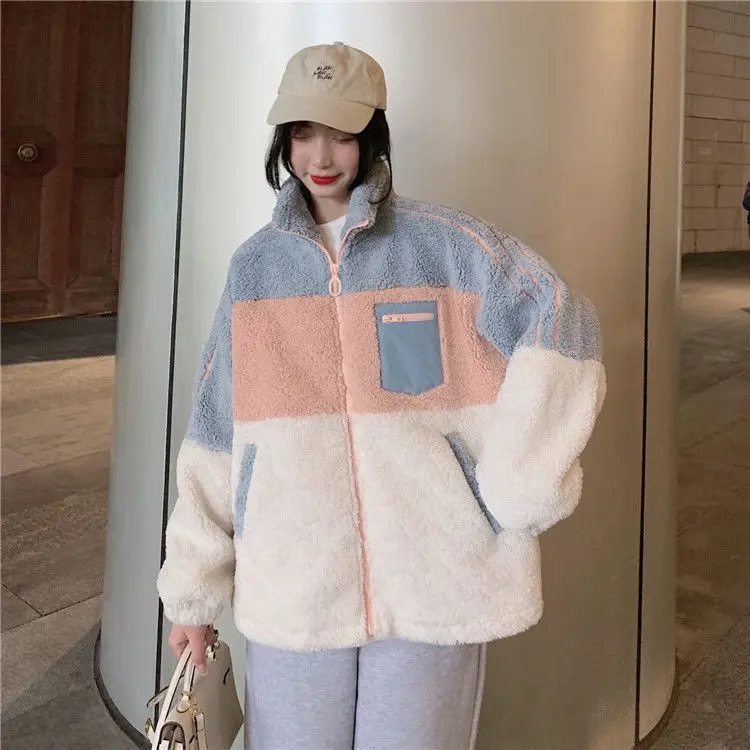 

2021 New Winter Long-sleeved Woman Jacket Female Color Matching Stand-up Collar Imitation Lamb Wool Baseball Uniform Oversized