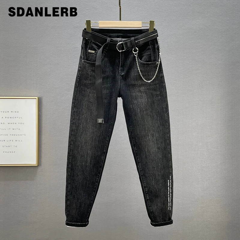 

Женские повседневные мешковатые джинсы с поясом, модные хлопковые эластичные свободные шаровары с высокой талией для похудения, осень 2021