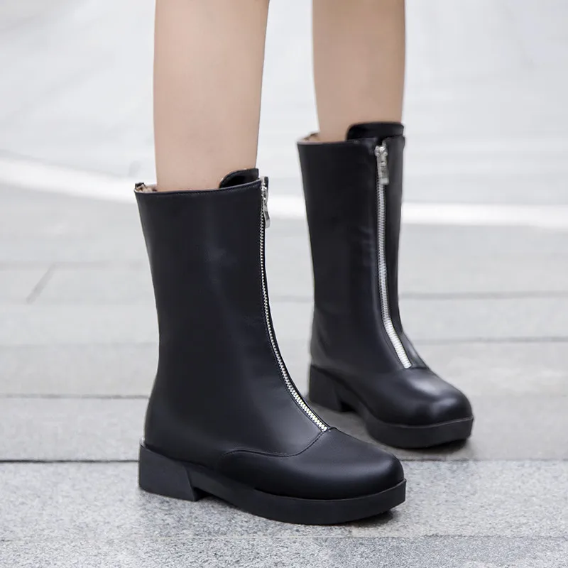 Женские сапоги до середины икры YMECHIC черные белые на молнии спереди высокие