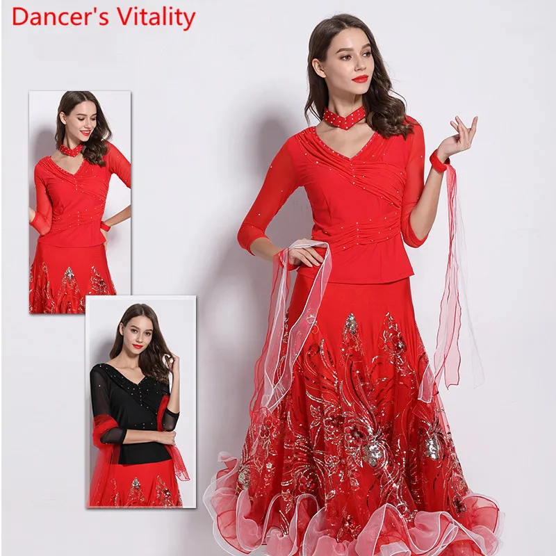 

Adult Modern Dance Wear Elastic Ice Silk V Neck Long Sleeve Top Ballroom National Standard Waltz Jazz Dancing Practice Clothes