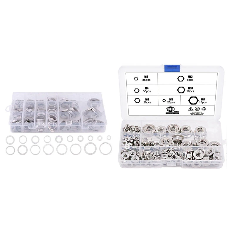 

140-Pcs M3 M4 M5 M6 M8 M10 M12 Hex Flange Nuts Assortment Kit With Flat Washers(470 Pcs 18 Sizes)