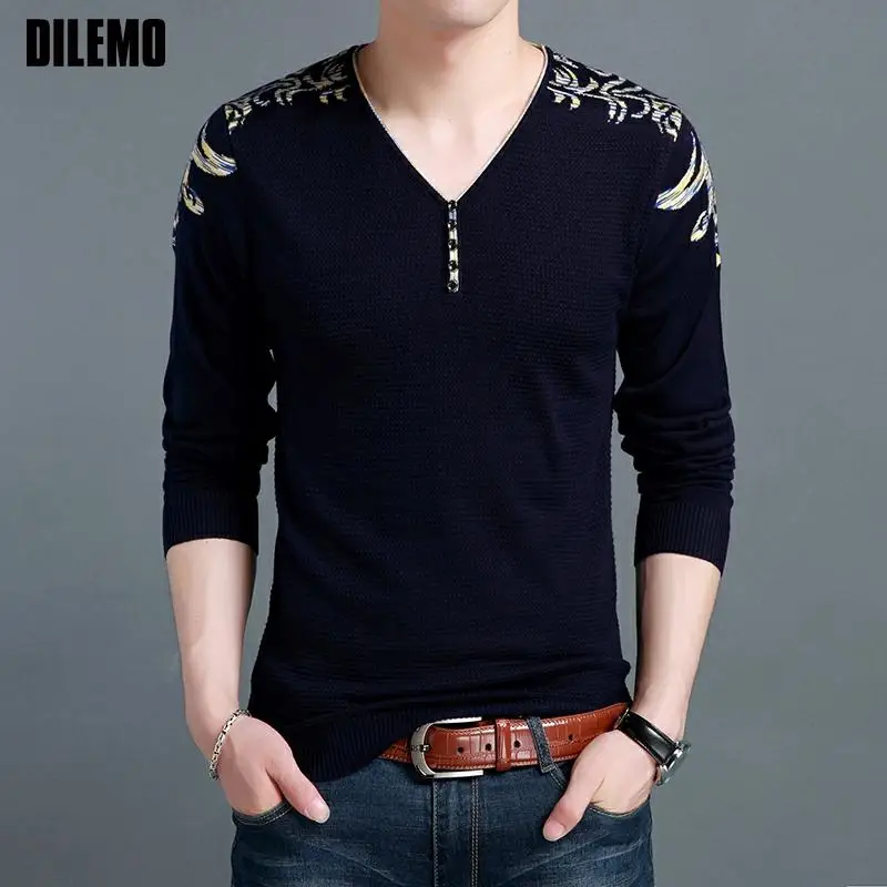 

New Fashion Brand Knitted Pullover Trendy Graphic Mens V Neck Sweater Korean Autum Winter Casual Jumper Top Quality Clothes Men