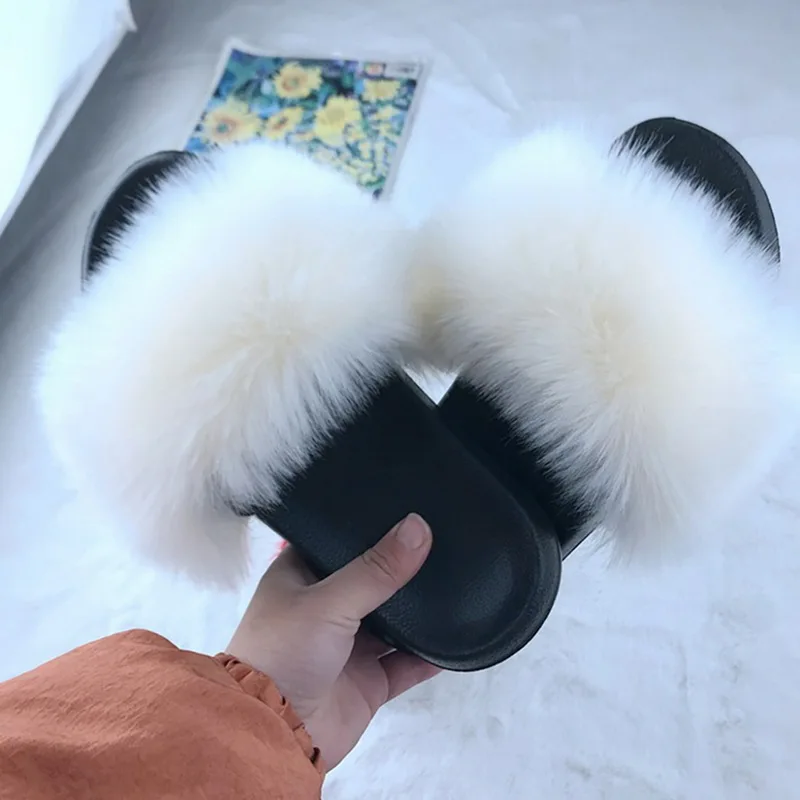

2021 Women Furry Slippers Ladies Shoes Cute Plush Fox Hair Fluffy Sandals Women's Fur Slippers Winter Warm Slippers Women drop