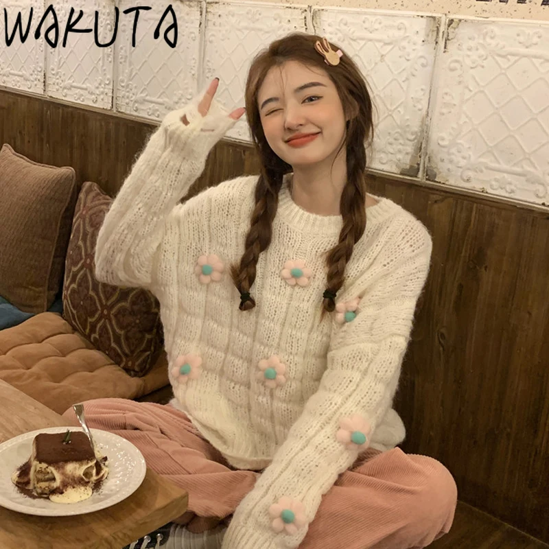 Милый Элегантный цветочный розовый и белый пуловер WAKUTA свитеры для девочек в