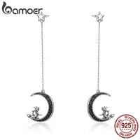 bamoer real 925 sterling silver magic witch in moon star black cz long drop earrings for women sterling silver jewelry sce287