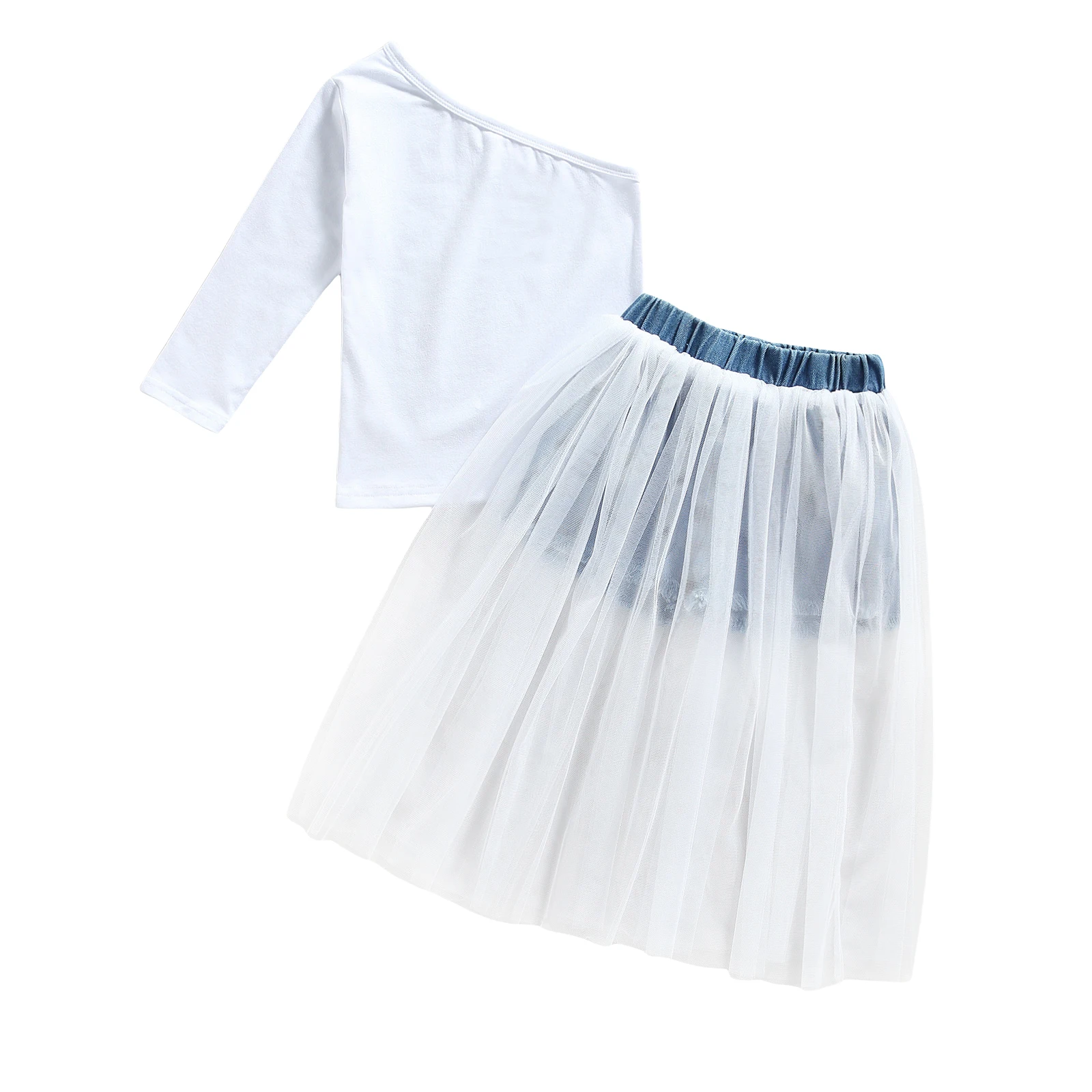 

Baby Girls White veil One-shoulder Solid Color Long Sleeve Pullover Mesh Patchwork Denim Shorts 2 Pcs Toddler Casual Outfits