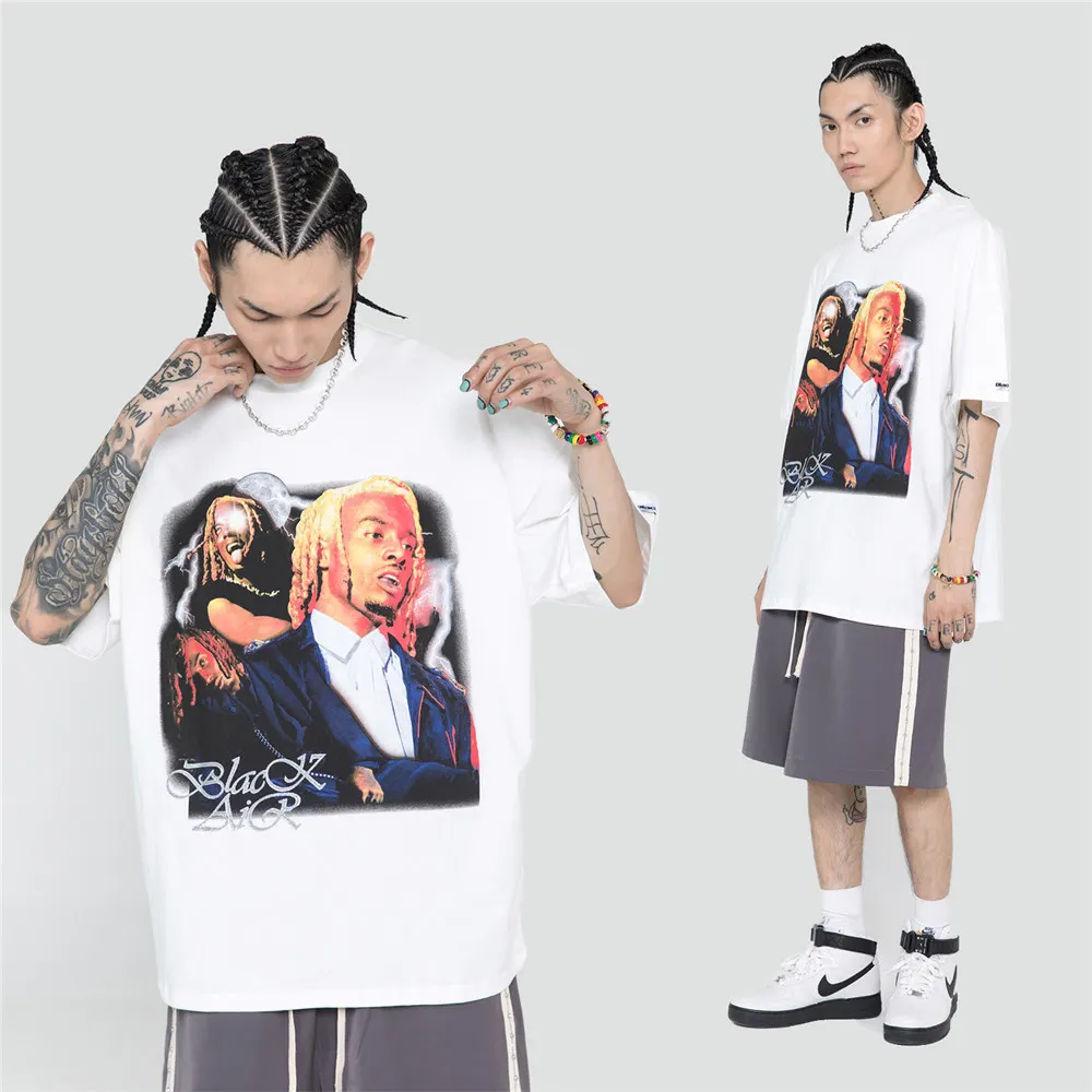 

Hip Hop Streetwear Characters Print T Shirt Harajuku Cotton 2021 Men Short Sleeve Tshirt Black