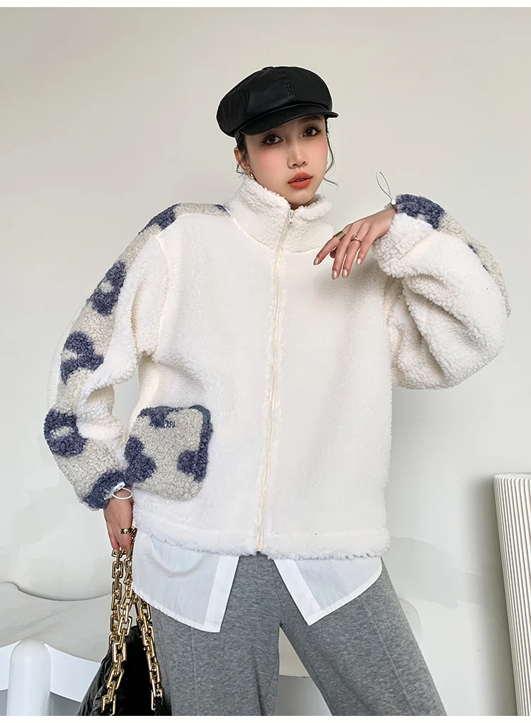 

CHEERART Winter White Fleece Jacket Women Stand Collar Shearling Jacket Drawstring Zipper Up Fur Coat Korean Fashion Clothing