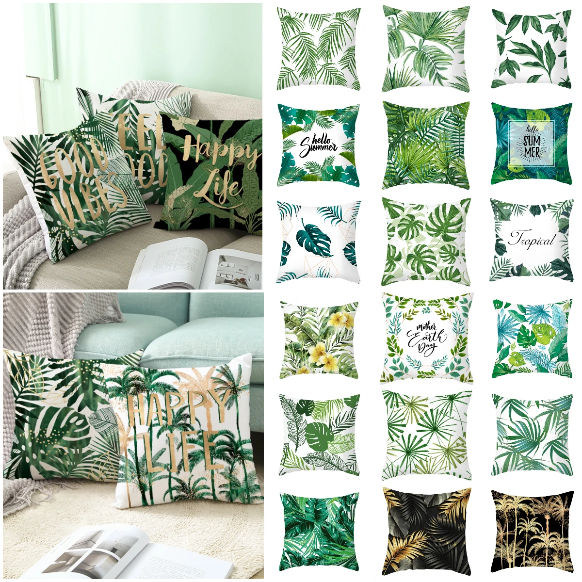 

2020 Hot Sale Tropical Plants Leaves Cushion Cover Simple Botanical Art Palm Monstera Pillowcase Modern Couch Decorative Pillows