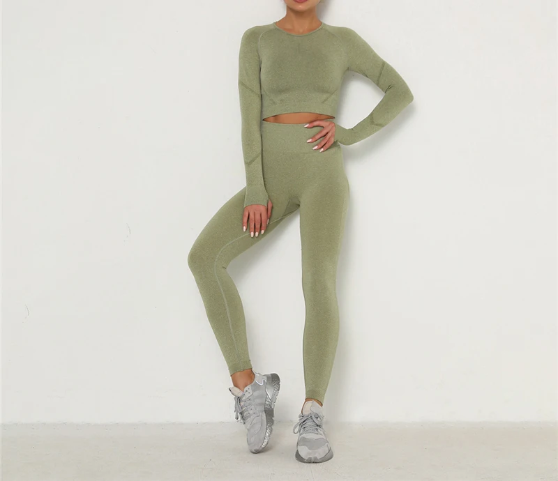Women Seamless Yoga Set Gym Clothing Fitness Leggings Cropped Shirts Sport Suit Long Sleeve Tracksuit Active Wear | Спорт и