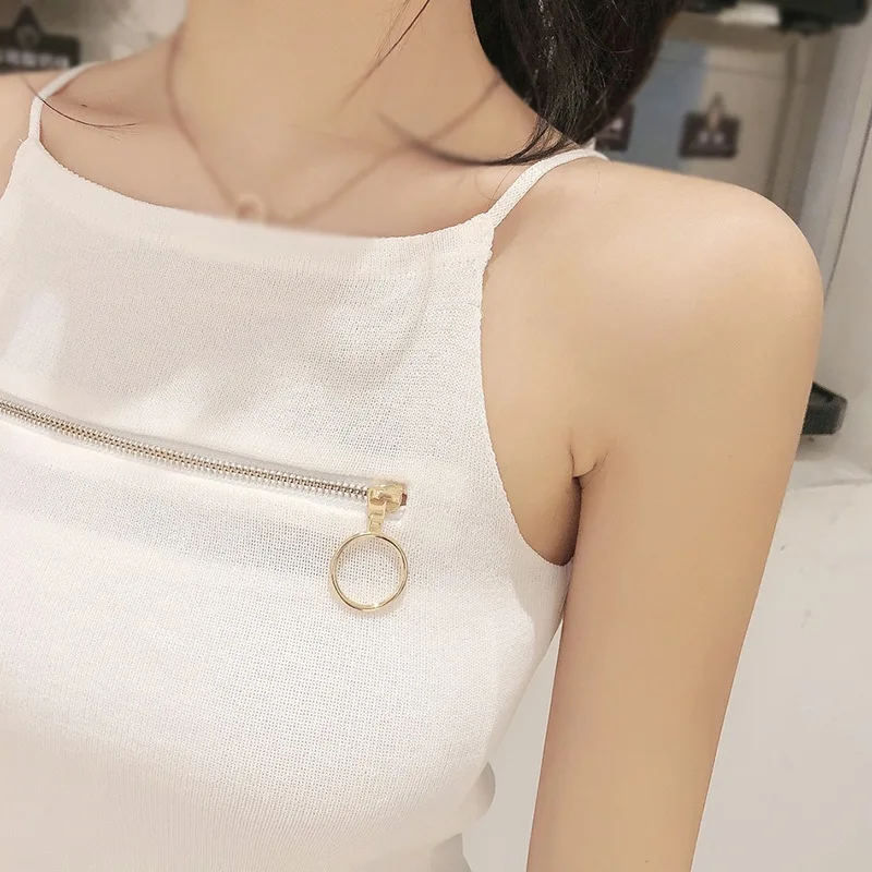 

Spring And Summer Korean Fashion All-match With A Personalized Zipper Design Sense Of Slim Knit Camisole Pink