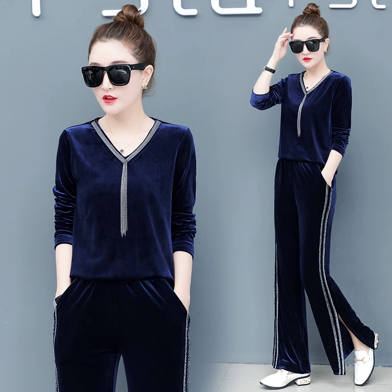 Золотой бархатный костюм женский весенне-осенний Новый корейский модный