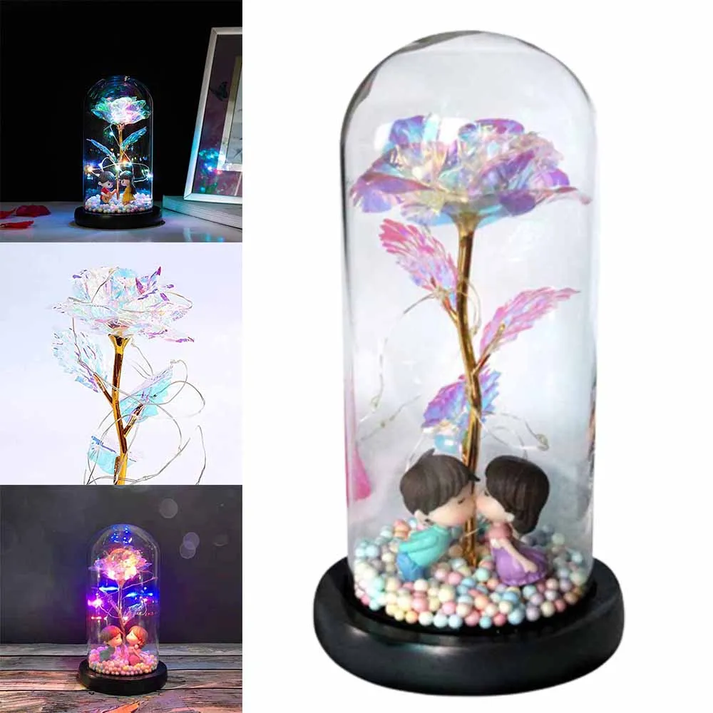 

Artificial Flower Roses In Glass Cover With Led Night Light Ornaments Wedding Valentine Day Christmas New Year Home Decoration