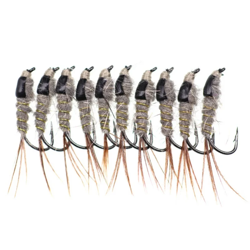 10 pcs/set Avenger Fast Sinking Black back rabbit ear Wire Tungsten Bead Head Nymph Flies Trout Fly Fishing Lures #12 | Спорт и